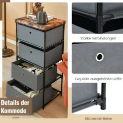 4-skuffers stofkommode til opbevaring i soveværelset, 42x33,5x84,5 cm, grå