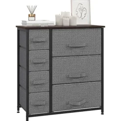Skuffeskab Opbevaringsskab 7 Foldbare Stofskuffer Metalramme Trælook Fiberdug Grå 63,5X30X71Cm
