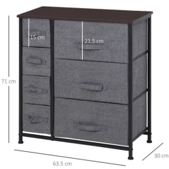Skuffeskab Opbevaringsskab 7 Foldbare Stofskuffer Metalramme Trælook Fiberdug Grå 63,5X30X71Cm