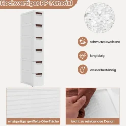 Slankt rulleskab med 6 skuffer, hvid, PP-materiale