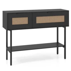Slankt sort konsolbord med 2 hylder og rattandesign