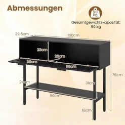 Slankt sort konsolbord med 2 hylder og rattandesign