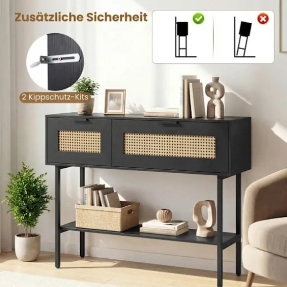 Slankt sort konsolbord med 2 hylder og rattandesign