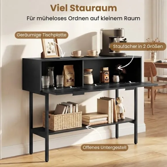 Slankt sort konsolbord med 2 hylder og rattandesign