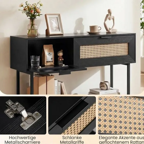 Slankt sort konsolbord med 2 hylder og rattandesign