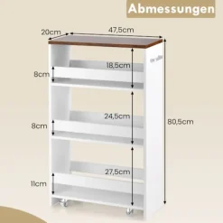 Smal køkkenvogn med 4 etager, 20 cm bred, hvid