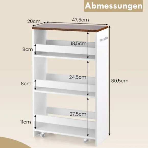 Smal køkkenvogn med 4 etager, 20 cm bred, hvid