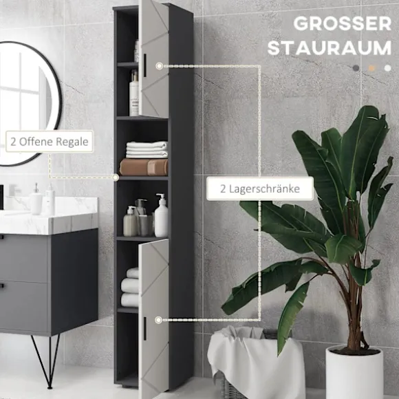 Smalt badeværelsesskab, højt toiletskab med justerbar hylde og 2 åbne rum, badeværelsesskab til små rum badeværelse, stue 30 x 30 x 183 cm grå |