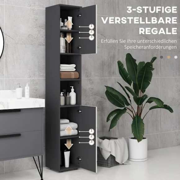 Smalt badeværelsesskab, højt toiletskab med justerbar hylde og 2 åbne rum, badeværelsesskab til små rum badeværelse, stue 30 x 30 x 183 cm grå |