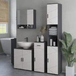 Smalt badeværelsesskab, højt toiletskab med justerbar hylde og 2 åbne rum, badeværelsesskab til små rum badeværelse, stue 30 x 30 x 183 cm grå |