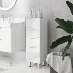 Smalt badeværelsesskab, toiletskab med justerbar hylde, 3 skuffer, badeværelsesskab til små rum badeværelse, stue 30 x 30 x 93 cm hvid |
