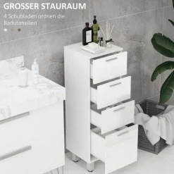 Smalt badeværelsesskab, toiletskab med justerbar hylde, 3 skuffer, badeværelsesskab til små rum badeværelse, stue 30 x 30 x 93 cm hvid |