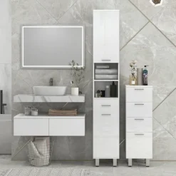 Smalt badeværelsesskab, toiletskab med justerbar hylde, 3 skuffer, badeværelsesskab til små rum badeværelse, stue 30 x 30 x 93 cm hvid |