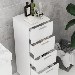 Smalt badeværelsesskab, toiletskab med justerbar hylde, 3 skuffer, badeværelsesskab til små rum badeværelse, stue 30 x 30 x 93 cm hvid |