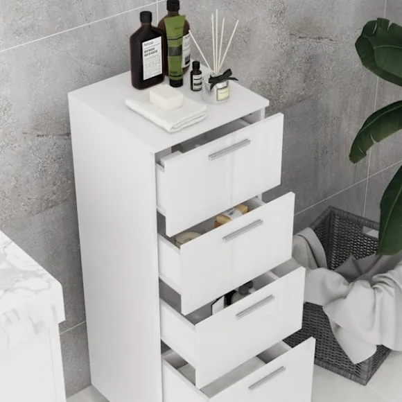 Smalt badeværelsesskab, toiletskab med justerbar hylde, 3 skuffer, badeværelsesskab til små rum badeværelse, stue 30 x 30 x 93 cm hvid |