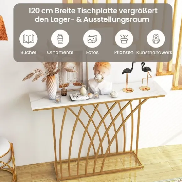 Smalt konsolbord, imiteret marmorplade, guldmetalstel