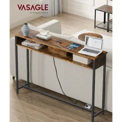 Smalt Konsolbord med Stikdåse, Sofabord, 25 X 120 X 81 Cm, Brun og Blæksort
