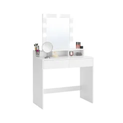 Sminkebord med LED-belysning med 2 skuffer og 3 åbne rum, moderne toiletbord, hvid