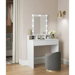 Sminkebord med LED-belysning med 2 skuffer og 3 åbne rum, moderne toiletbord, hvid