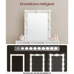 Sminkebord med LED-belysning med 2 skuffer og 3 åbne rum, moderne toiletbord, hvid