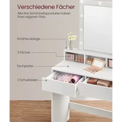 Sminkebord med LED-belysning med 2 skuffer og 3 åbne rum, moderne toiletbord, hvid