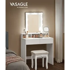 Sminkebord med LED-belysning med 2 skuffer og 3 åbne rum, moderne toiletbord, hvid