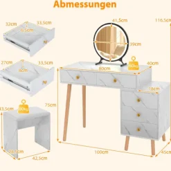 Sminkebord med LED-spejl, 5 skuffer, hvid