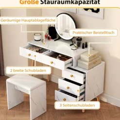 Sminkebord med LED-spejl, 5 skuffer, hvid