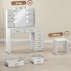 Sminkebord med LED-spejl og polstret skammel, hvid