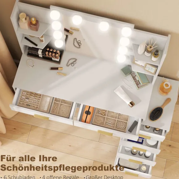 Sminkebord med LED-spejl og polstret skammel, hvid