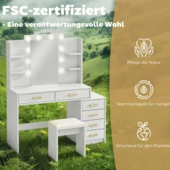 Sminkebord med LED-spejl og polstret skammel, hvid