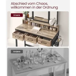 Sminkebord med Polstret Skammel, Trippel Spejl, Kosmetikbord, Industriel Stil, Egefarvet/sort