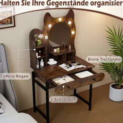 Sminkebord med spejl, LED-lys, skuffer, brun