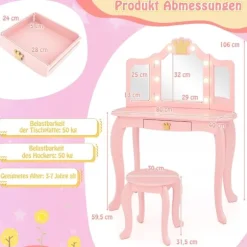 Sminkebord til børn med belysning, sminkebord til piger med trefoldet spejl, pink