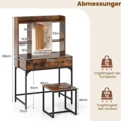 Sminkebordsæt med spejl, ladestation, opbevaring