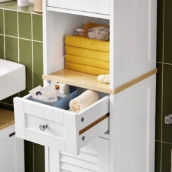 SoBuy Høj badeværelsesskab med 1 skuffe i træ 32x30x170.5cm, funktionel FRG236-WN