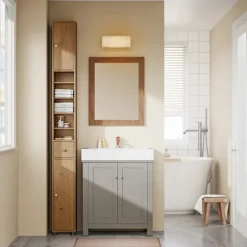 SoBuy Høj badeværelsesskab med 1 skuffe i mørkebrun 20x20x180cm, funktionel BZR34-II-PF