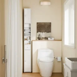 SoBuy Høj badeværelsesskab med 1 skuffe i hvid 20x20x180cm, moderne BZR167-GW