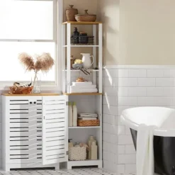 SoBuy Høj badeværelsesskab med 1 dør i hvid 40x30x160cm, rustik BZR43-W