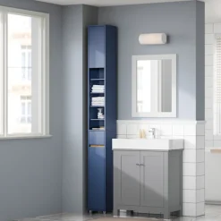 SoBuy Høj badeværelsesskab med 1 skuffe i blå 20x20x180cm, funktionel BZR34-II-B