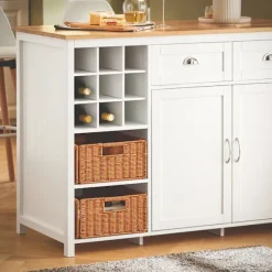 SoBuy hvid køkkenø med 2 kurve og 1 barbord 120x60x90cm, moderne KNL05-W