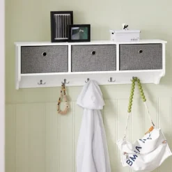 SoBuy hvid vægmonteret tøjstativ med 5 kroge og 3 stofkurve 100x20x30cm, moderne FRG282-W