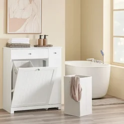 SoBuy hvidt badeværelsesskab med vasketøjskurv med 1 skuffe 78x38x90.3cm, moderne BZR214-W