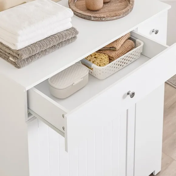 SoBuy hvidt badeværelsesskab med vasketøjskurv med 1 skuffe 78x38x90.3cm, moderne BZR214-W