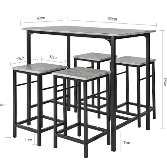 SoBuy lysegrå bord med 4 skamler med pladsbesparende 100x60x87cm, industriel OGT11-HG