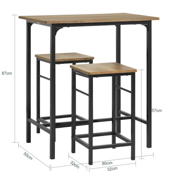 SoBuy mørkebrun bord med 2 skamler med pladsbesparende 80x50x87cm, industriel OGT10-PF