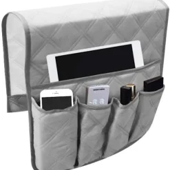 Sofa armlæn organizer (grå), 5 lommer, skridsikker, egnet til tablet, telefon, tablet, bog, magasiner, tv-fjernbetjening