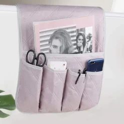 Sofa armlæn organizer (grå), 5 lommer, skridsikker, egnet til tablet, telefon, tablet, bog, magasiner, tv-fjernbetjening