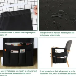 Sofa armlæn organizer magasiner fjernbetjening holder vandtæt caddy taske sofa opbevaringspose til iPad mobiltelefon bøger tissue snacks black