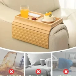 Sofa Bakke i Bambus – Retro Armlænsbakke med Rum til Drikkevarer, Mobil & Fjernbetjening